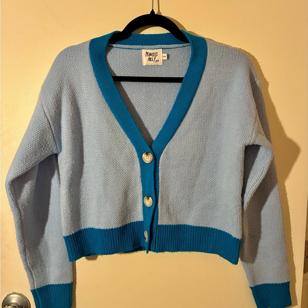 Princess Polly “Zaynah” Cropped Cardigan Sweater S/M Colorblock Blue Collegiate